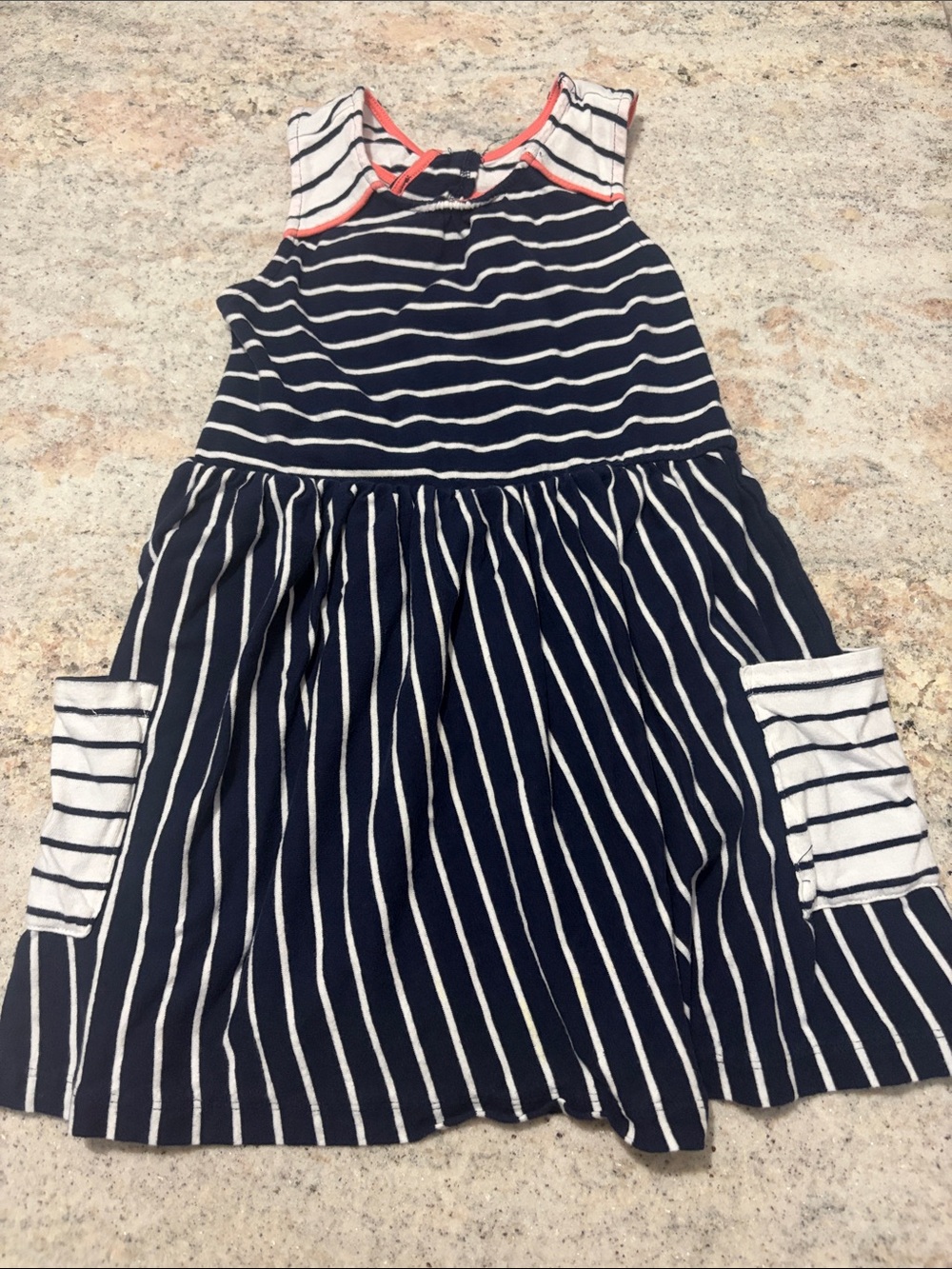 10/$30 Max Studio Girls Navy and White Striped Sleeveless Dress with Coral Trim